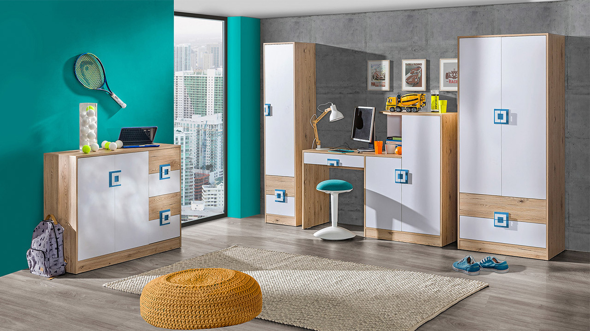 Гардероб Balvire 102 (Светъл дъб + Бял + Тюркоаз)