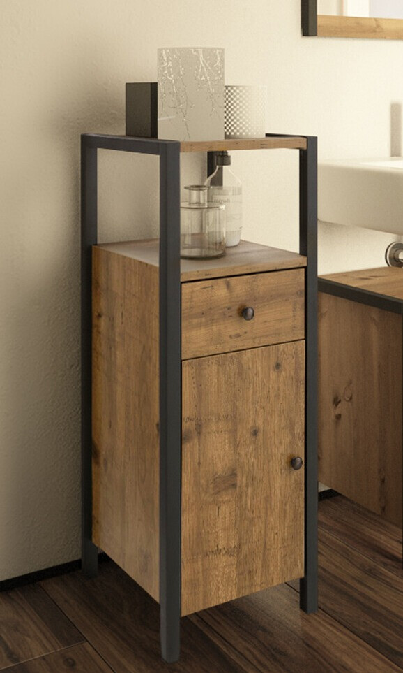 Стоящ шкаф за баня Larnovo 112 (Тъмен дъб + Черен)