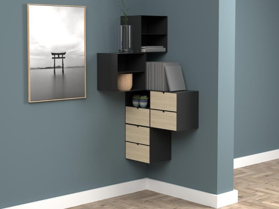 Нощно шкафче Norsica 375 (Черен + Ярък дърво)