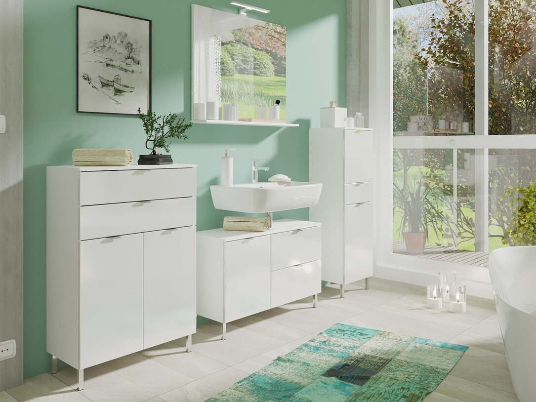 Стоящ шкаф за баня за мивка Lomcamo 101 (Бял + Бял гланц)