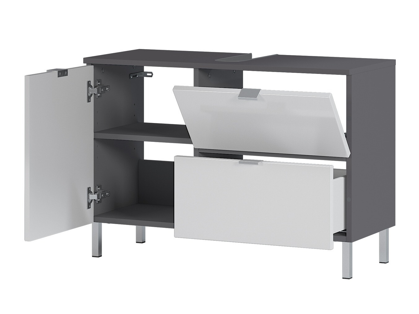 Стоящ шкаф за баня за мивка Lomcamo 101 (Бял гланц + Графит)