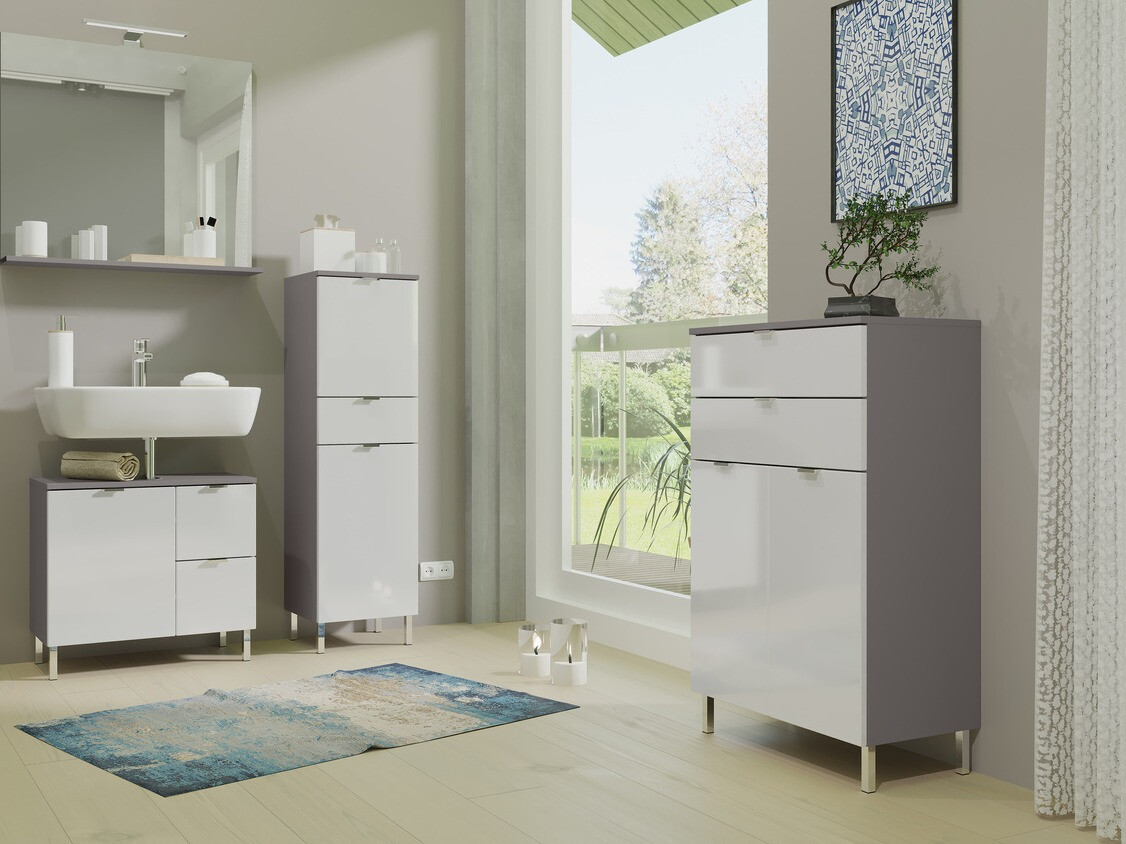 Стоящ шкаф за баня за мивка Lomcamo 101 (Бял гланц + Графит)