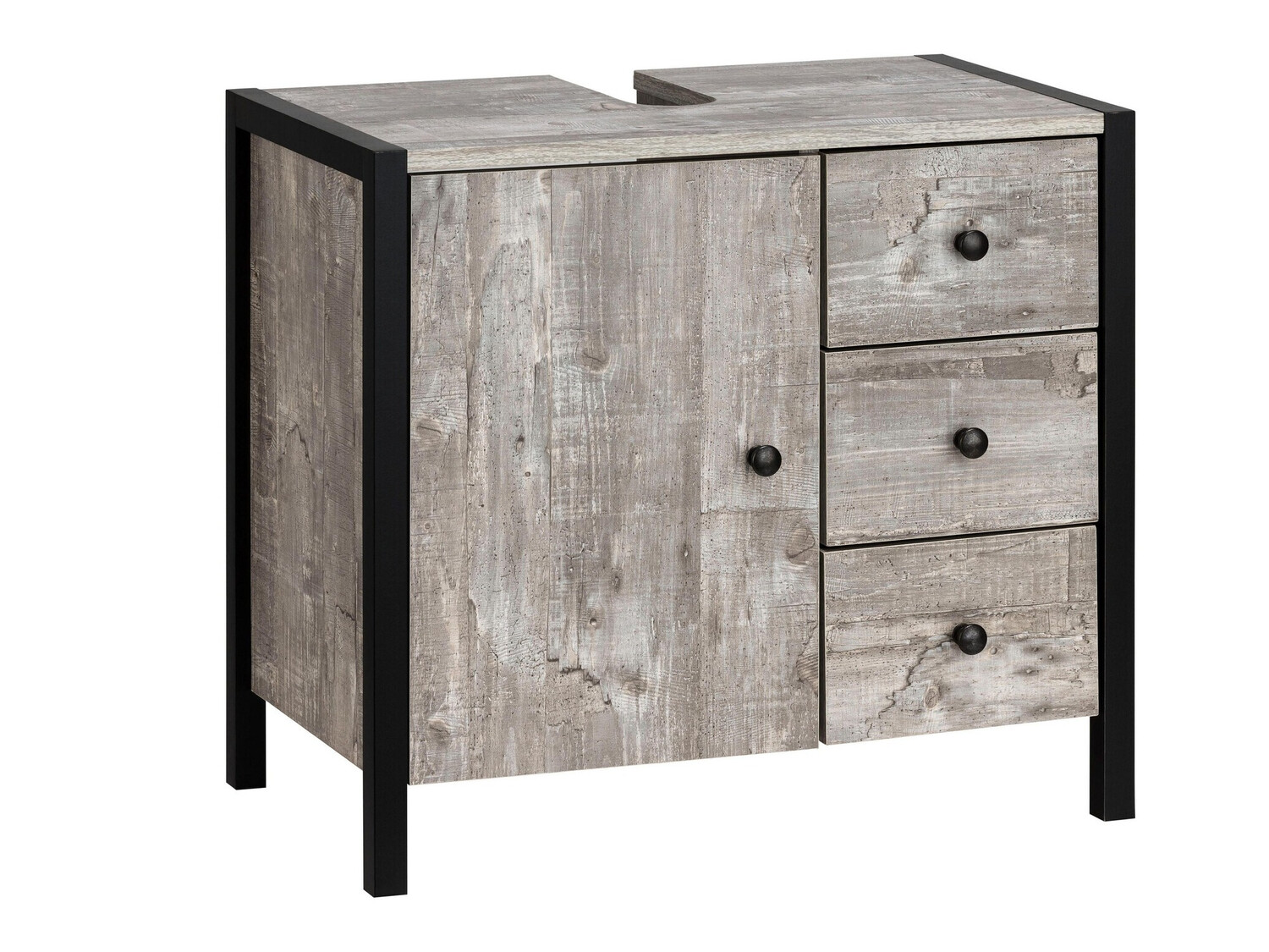 Стоящ шкаф за баня за мивка Larnovo 105 (Сив дъб + Черен)