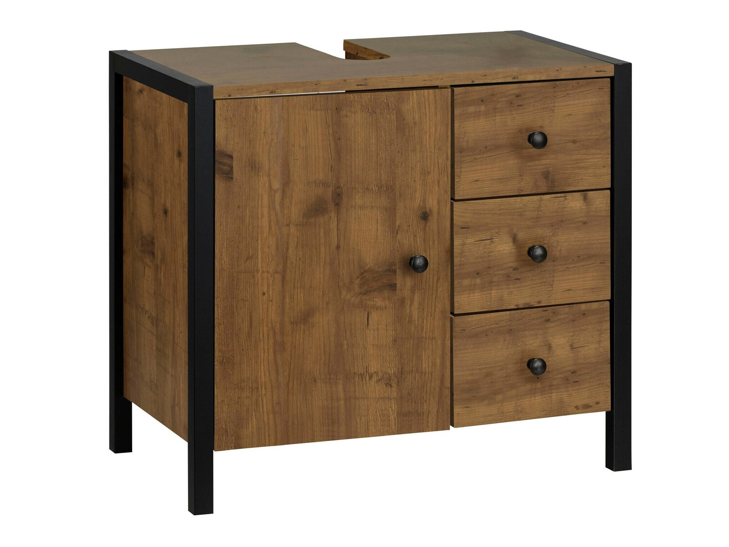 Стоящ шкаф за баня за мивка Larnovo 105 (Тъмен дъб + Черен)