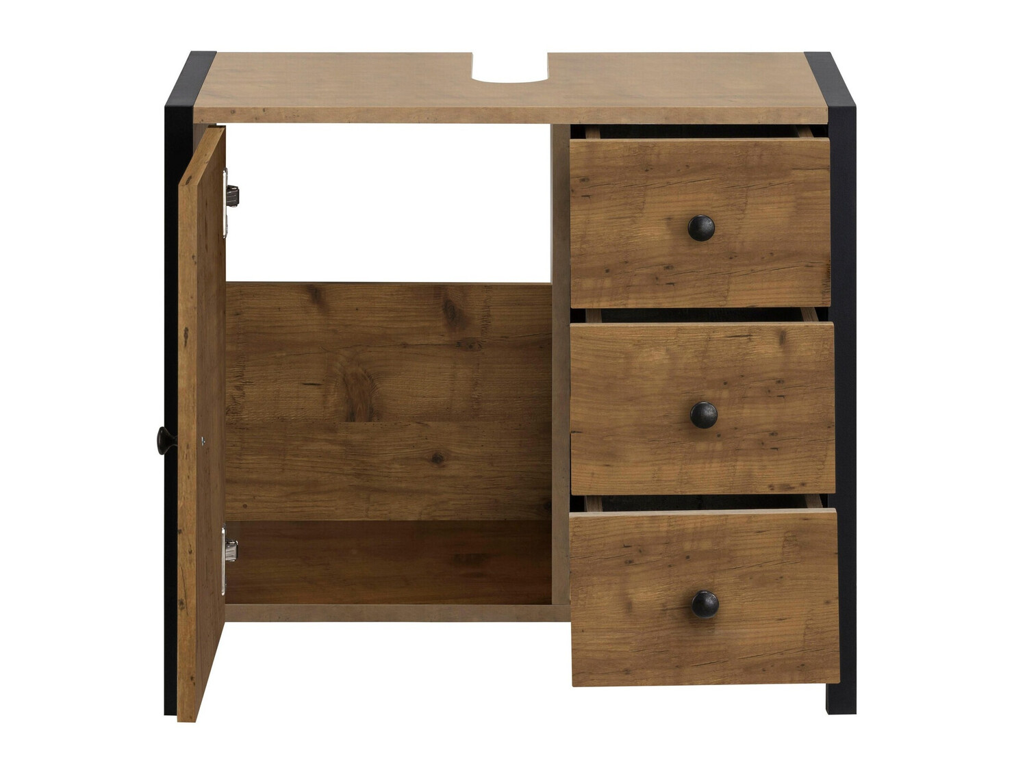 Стоящ шкаф за баня за мивка Larnovo 105 (Тъмен дъб + Черен)