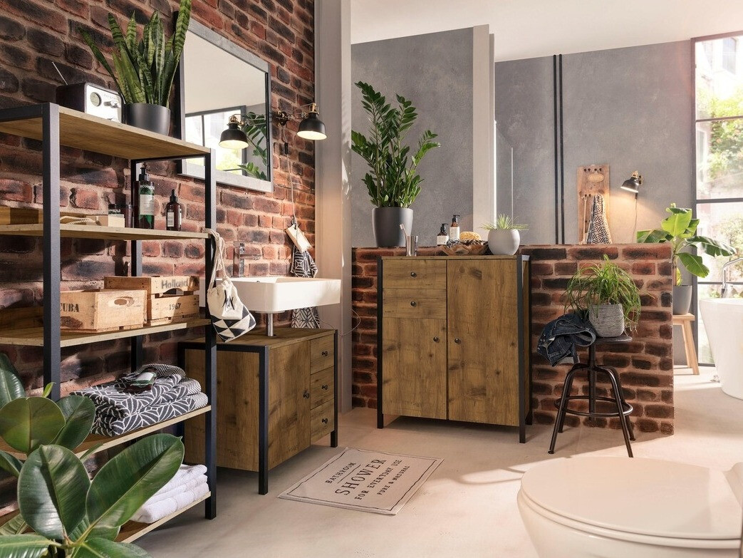 Стоящ шкаф за баня за мивка Larnovo 105 (Тъмен дъб + Черен)