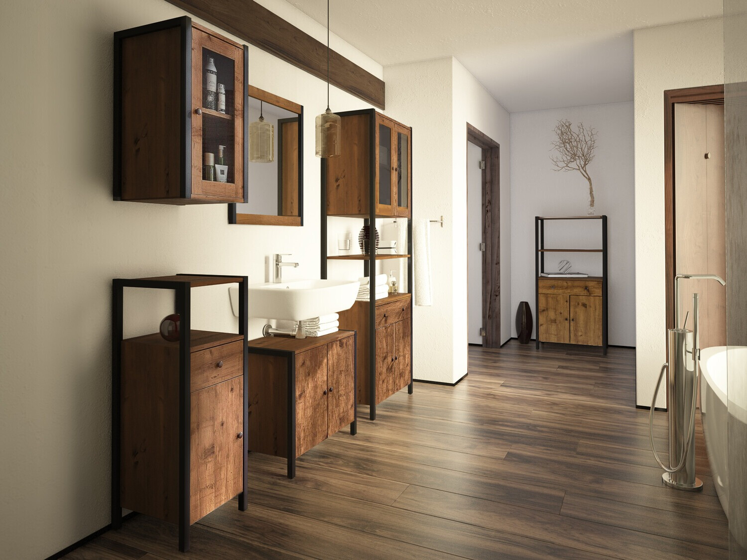 Стоящ шкаф за баня Larnovo 112 (Тъмен дъб + Черен)