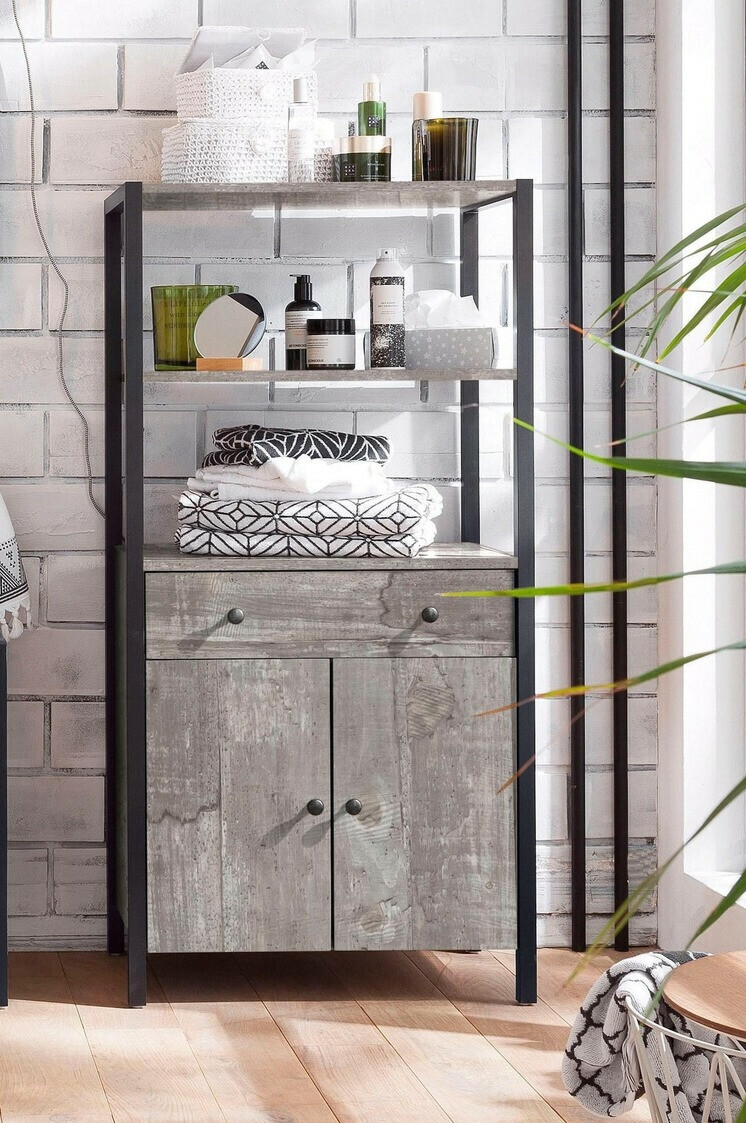 Шкаф за баня Larnovo 111 (Сив дъб + Черен)