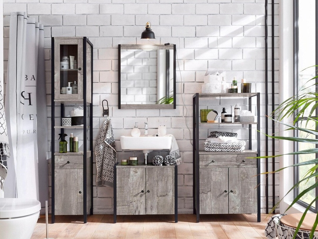 Шкаф за баня Larnovo 111 (Сив дъб + Черен)