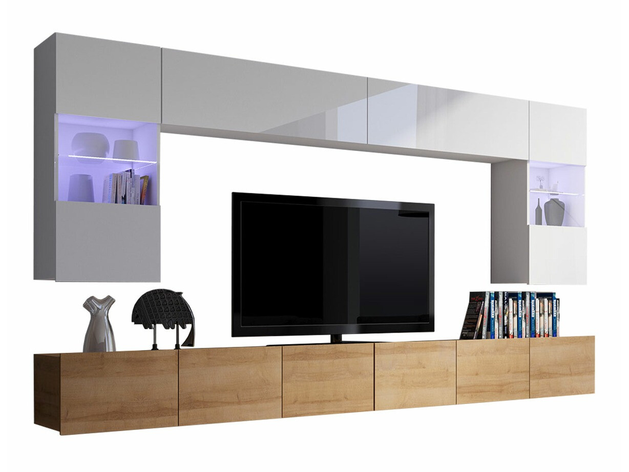 Комплект за хол Remus I (Златен дъб + Бял + Бял гланц)