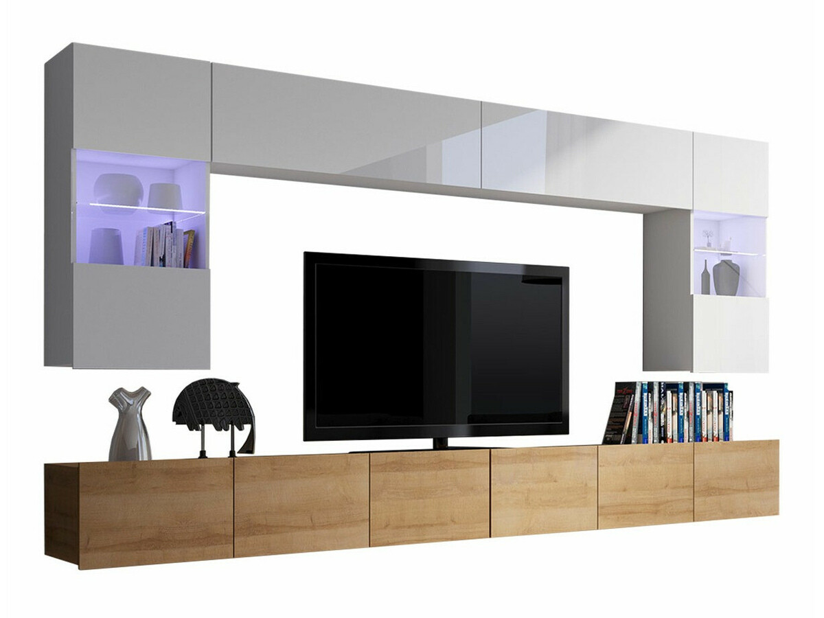 Комплект за хол Remus I (Златен дъб + Бял + Бял гланц)