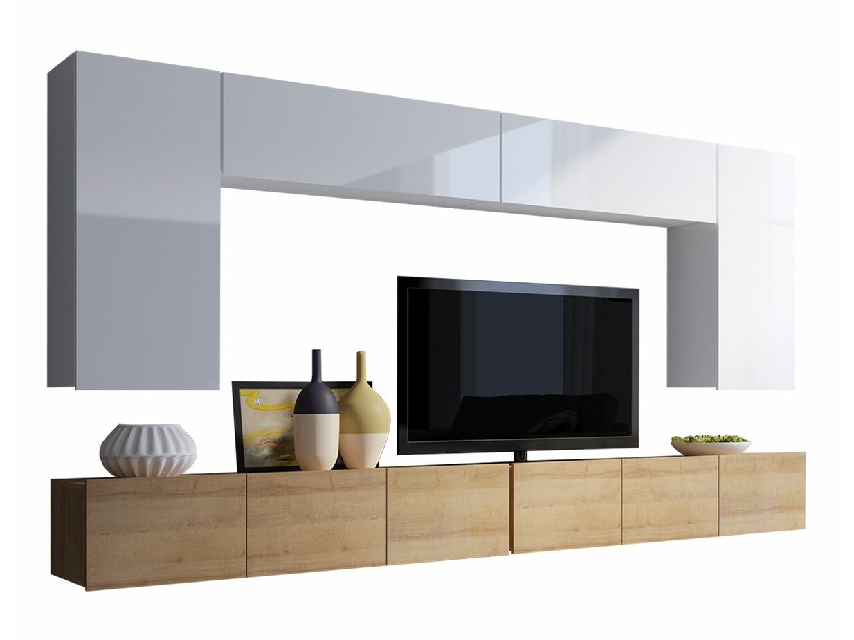 Комплект за хол Remus XIII (Златен дъб + Бял + Бял гланц)