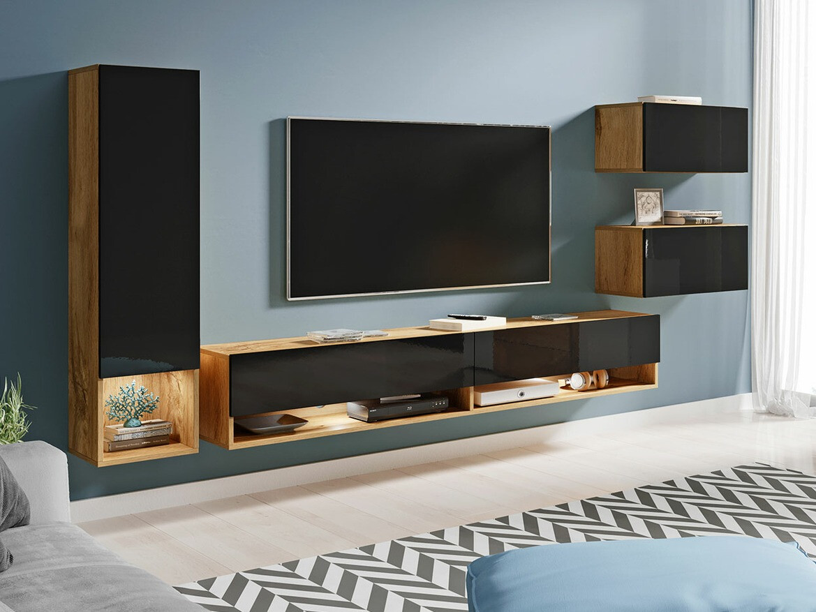 Комплект за хол Sarasota 124 (Дъб уотан + Черен гланц)