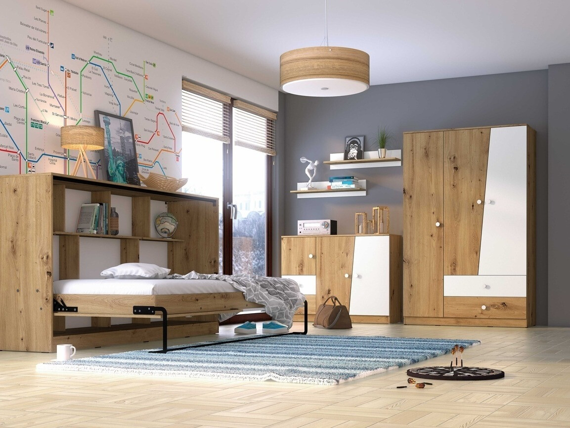 Падащо легло Mirelbu 114 (Artisan дъб + Бял + Черен)