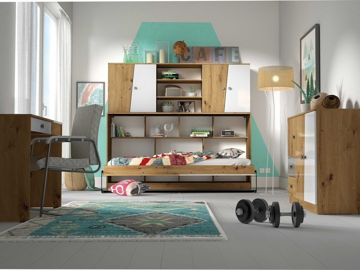 Падащо легло Mirelbu 114 (Artisan дъб + Бял + Черен)