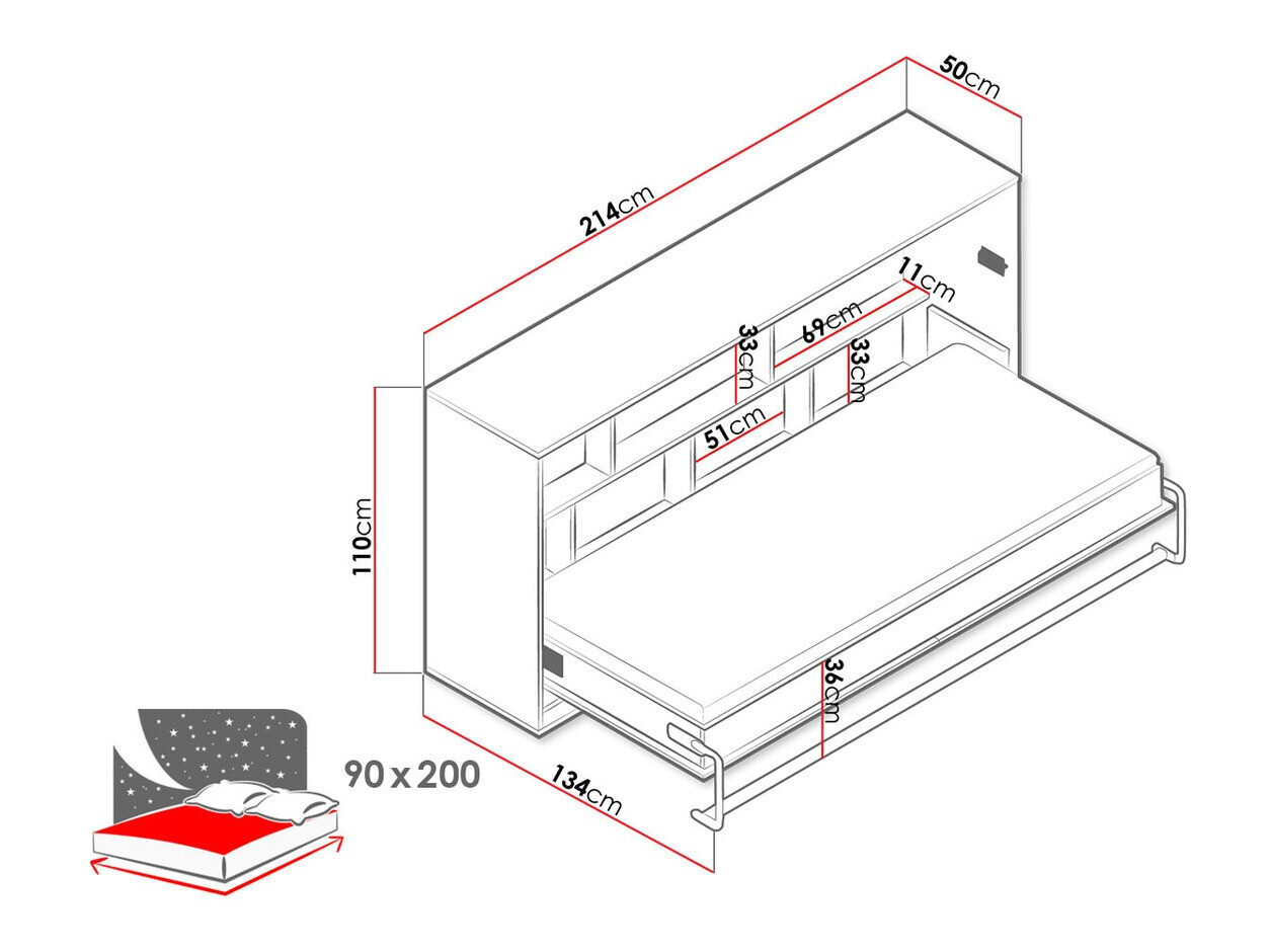 Падащо легло Mirelbu 114 (Artisan дъб + Бял + Черен)