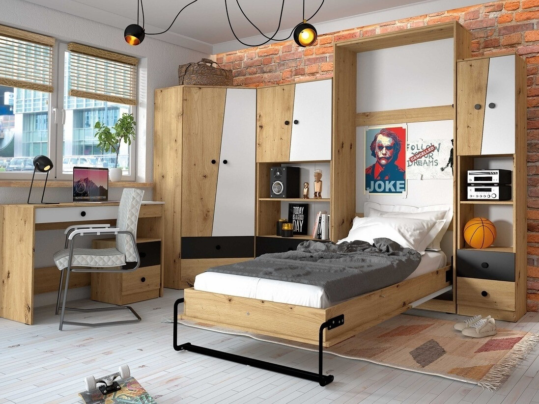 Падащо легло Mirelbu 113 (Artisan дъб + Бял + Черен)