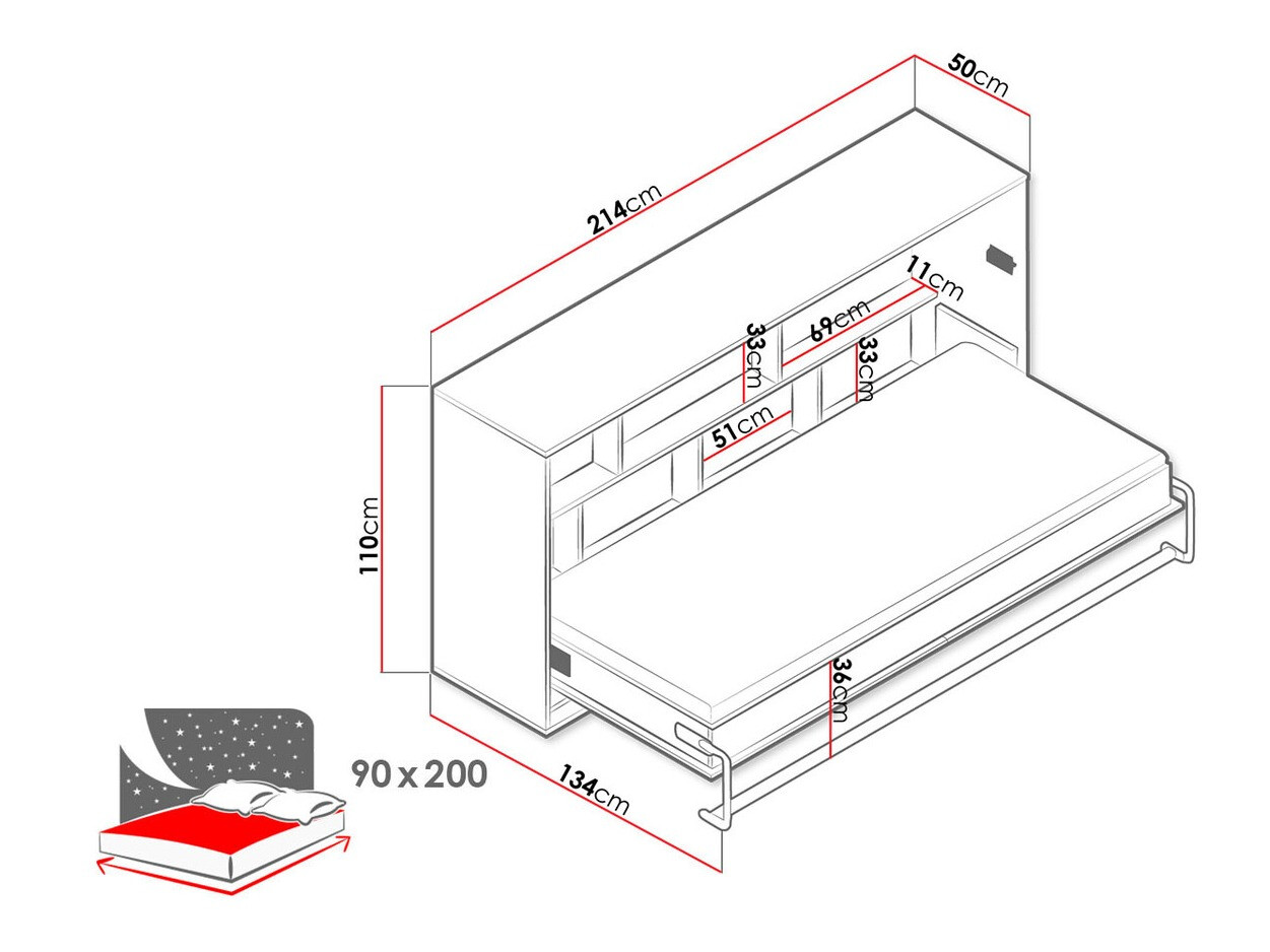 Падащо легло Mirelbu 114 (Artisan дъб + Бял гланц + Сив)