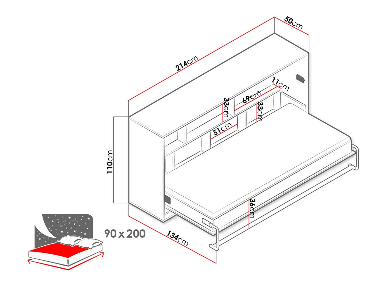 Падащо легло Mirelbu 114 (Artisan дъб + Бял + Сив)