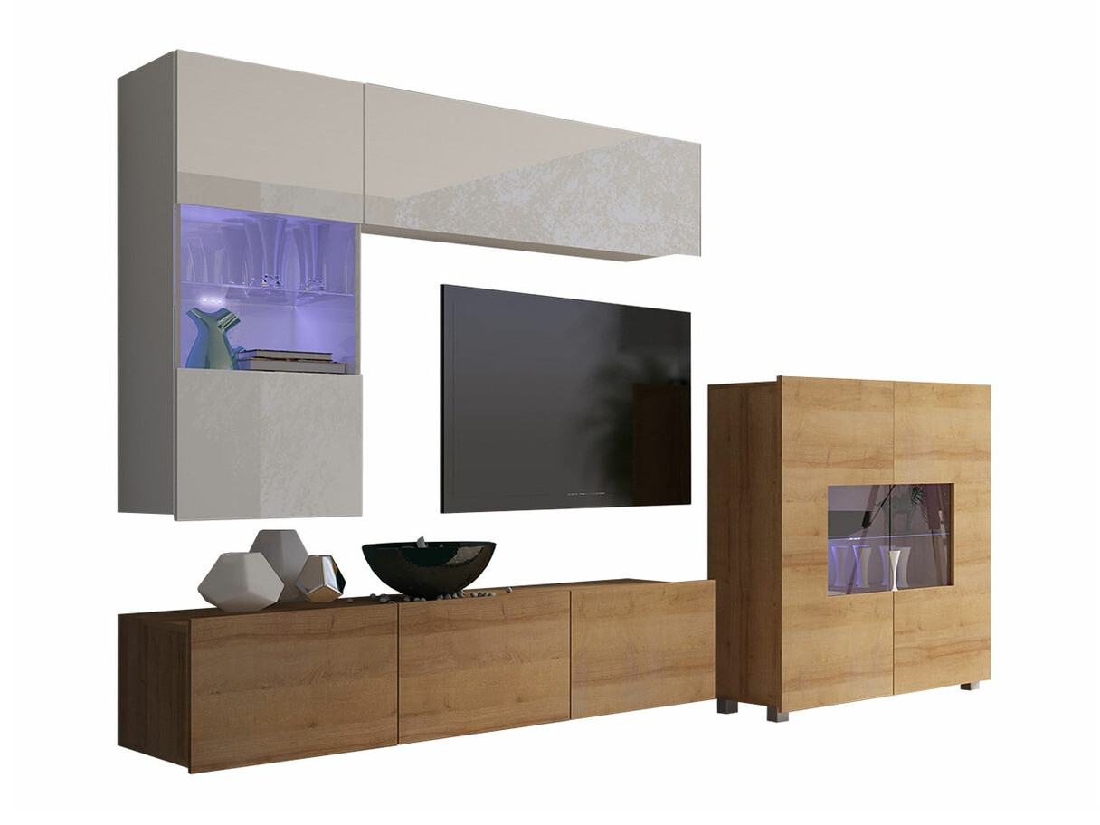 Комплект за хол Remus III (Златен дъб + Бял + Бял гланц)