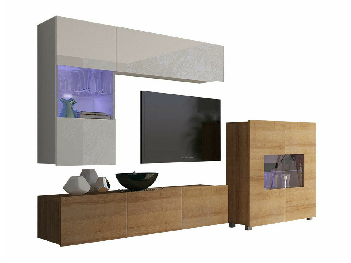 Комплект за хол Remus III (Златен дъб + Бял + Бял гланц)