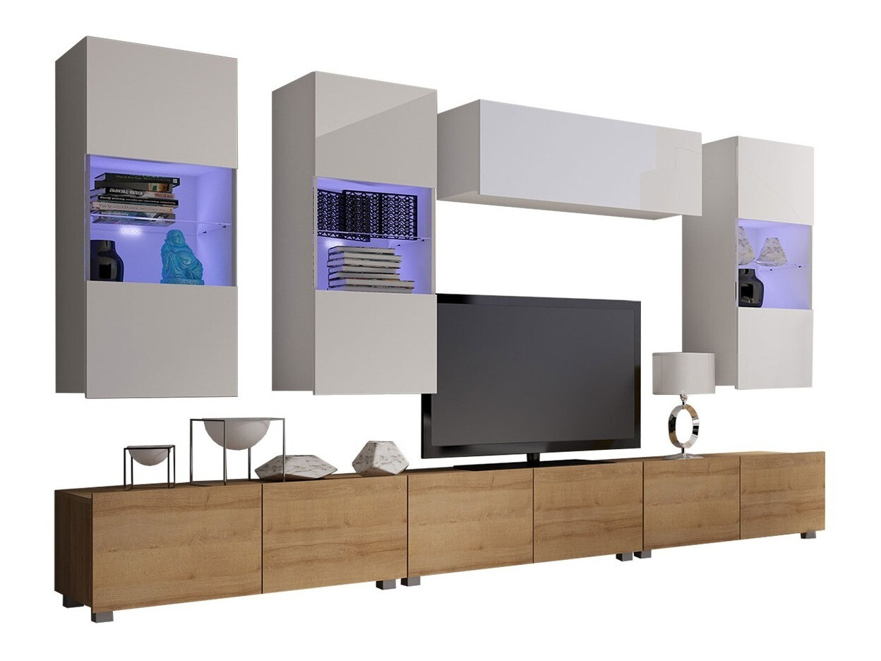 Комплект за хол Remus XI (Златен дъб + Бял + Бял гланц)