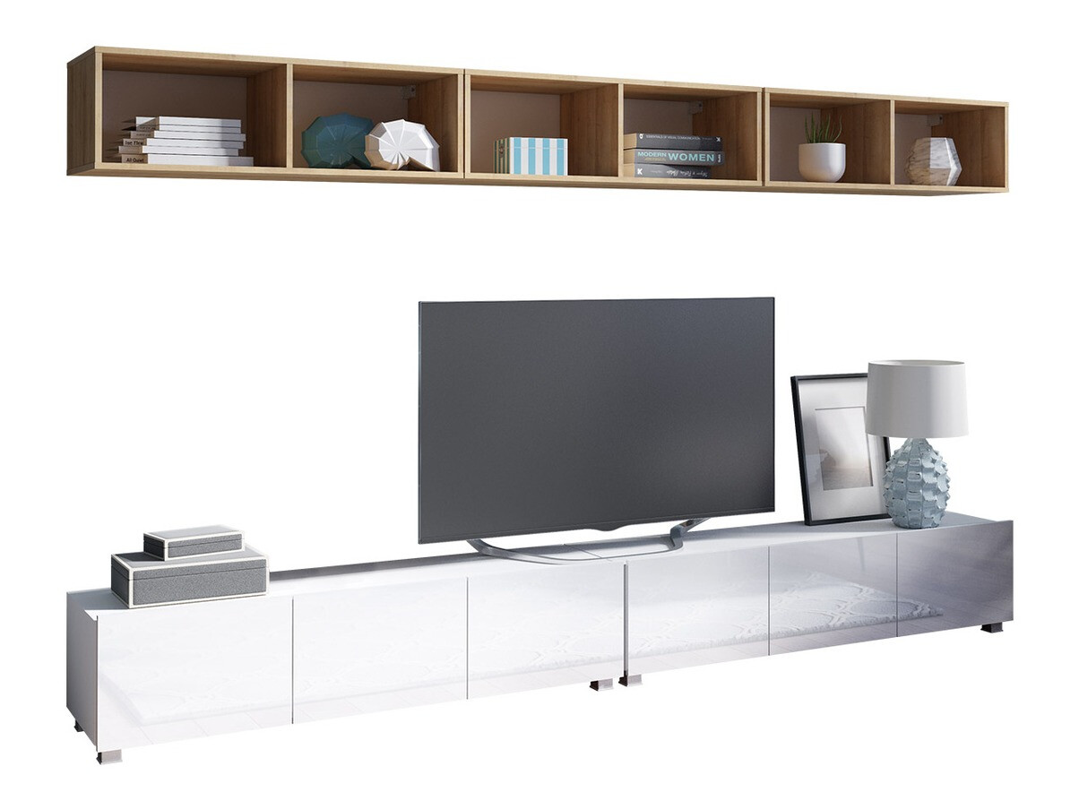 Комплект за хол Remus XXXIII (Бял + Бял гланц + Златен дъб)