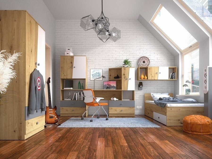 Легло Mirelbu 112 (Artisan дъб + Бял гланц + Черен)