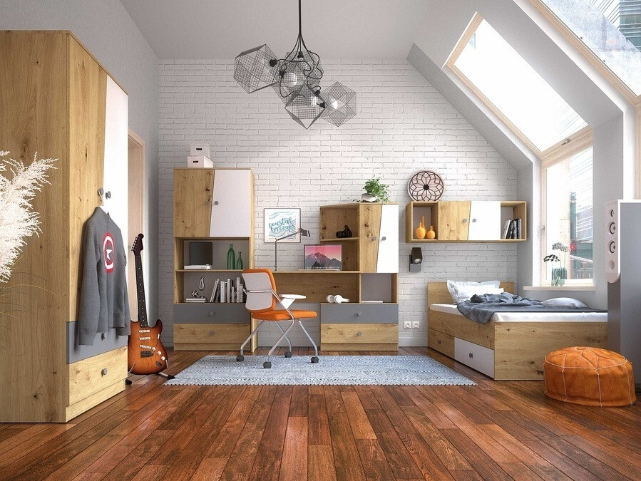 Легло Mirelbu 112 (Artisan дъб + Бял гланц + Сив)