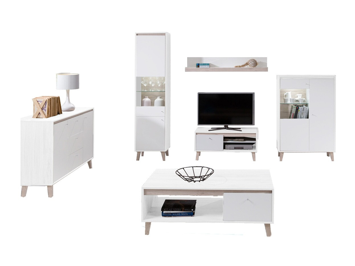 Комплект за хол Delbene 117 (Светъл San Remo дъб + Матов бял)