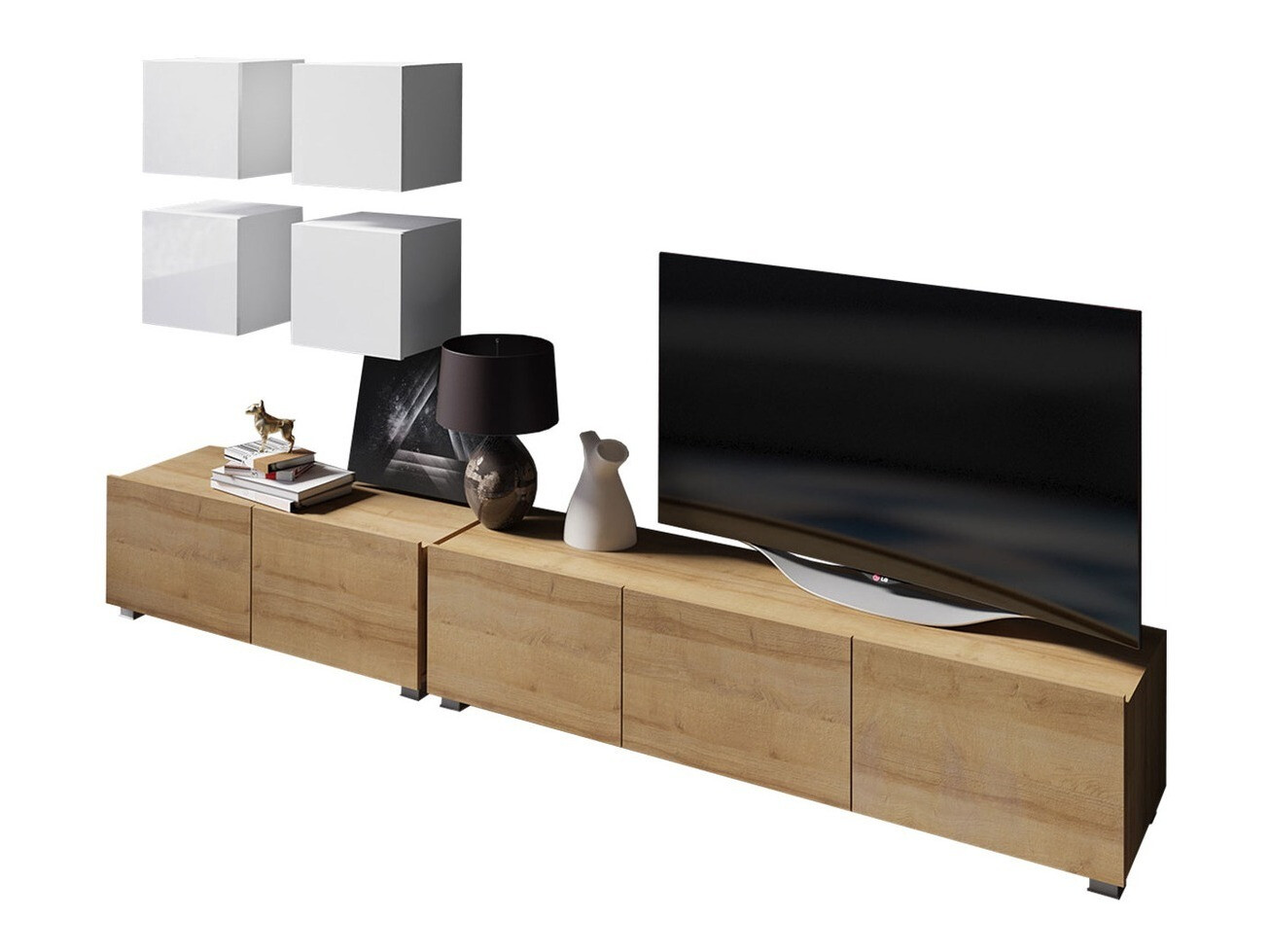 Комплект за хол Remus XVIII (Златен дъб + Бял + Бял гланц)