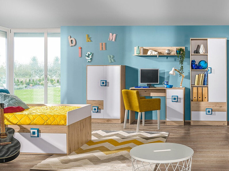 Офис бюро Balvire 110 (Светъл дъб + Бял + Тюркоаз)