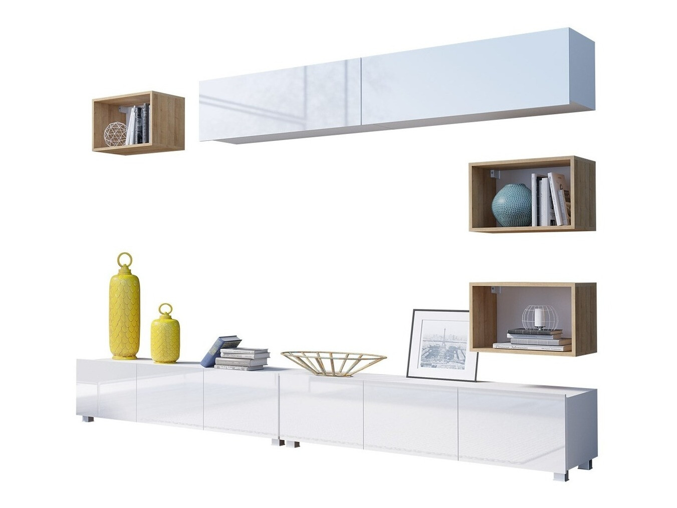 Комплект за хол Remus XXXI (Бял + Бял гланц + Златен дъб)