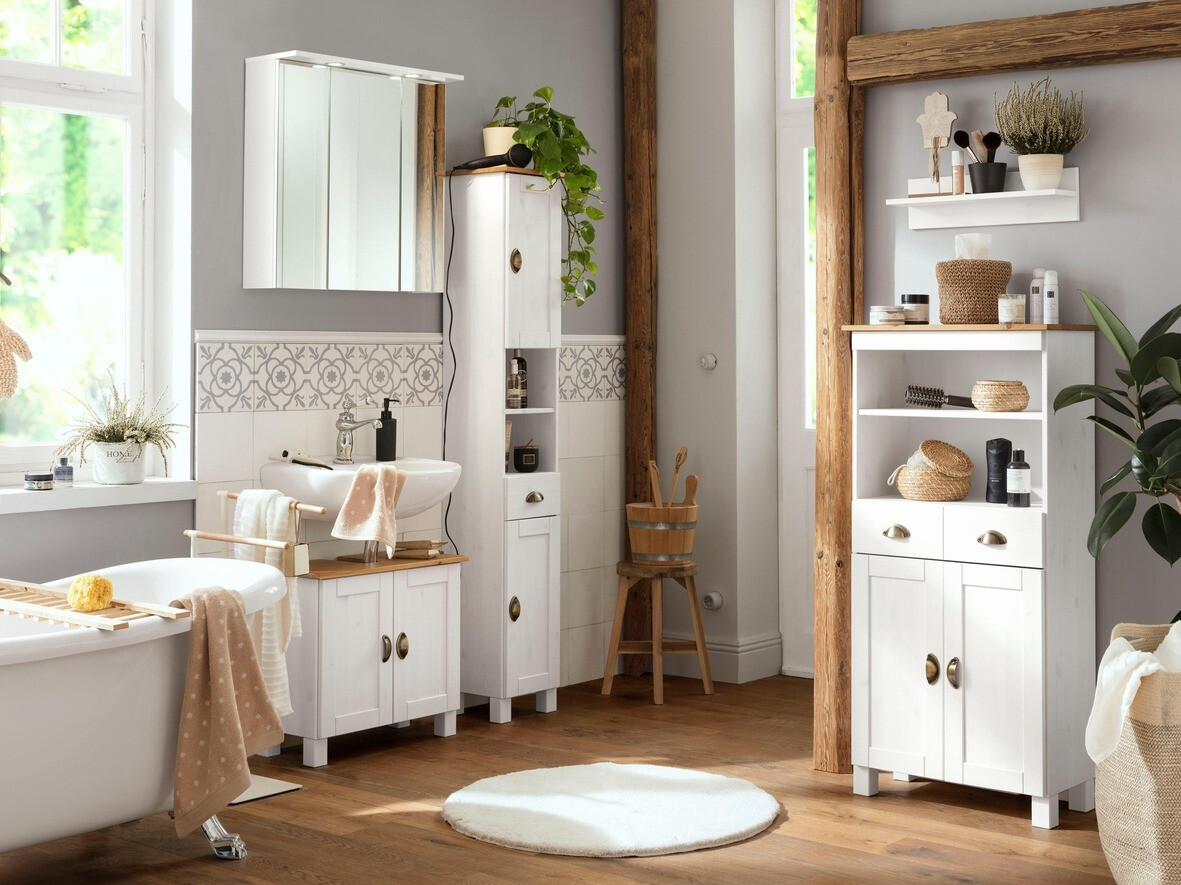 Стоящ шкаф за баня Serelbu 105 (Бял + Светлокафяво)