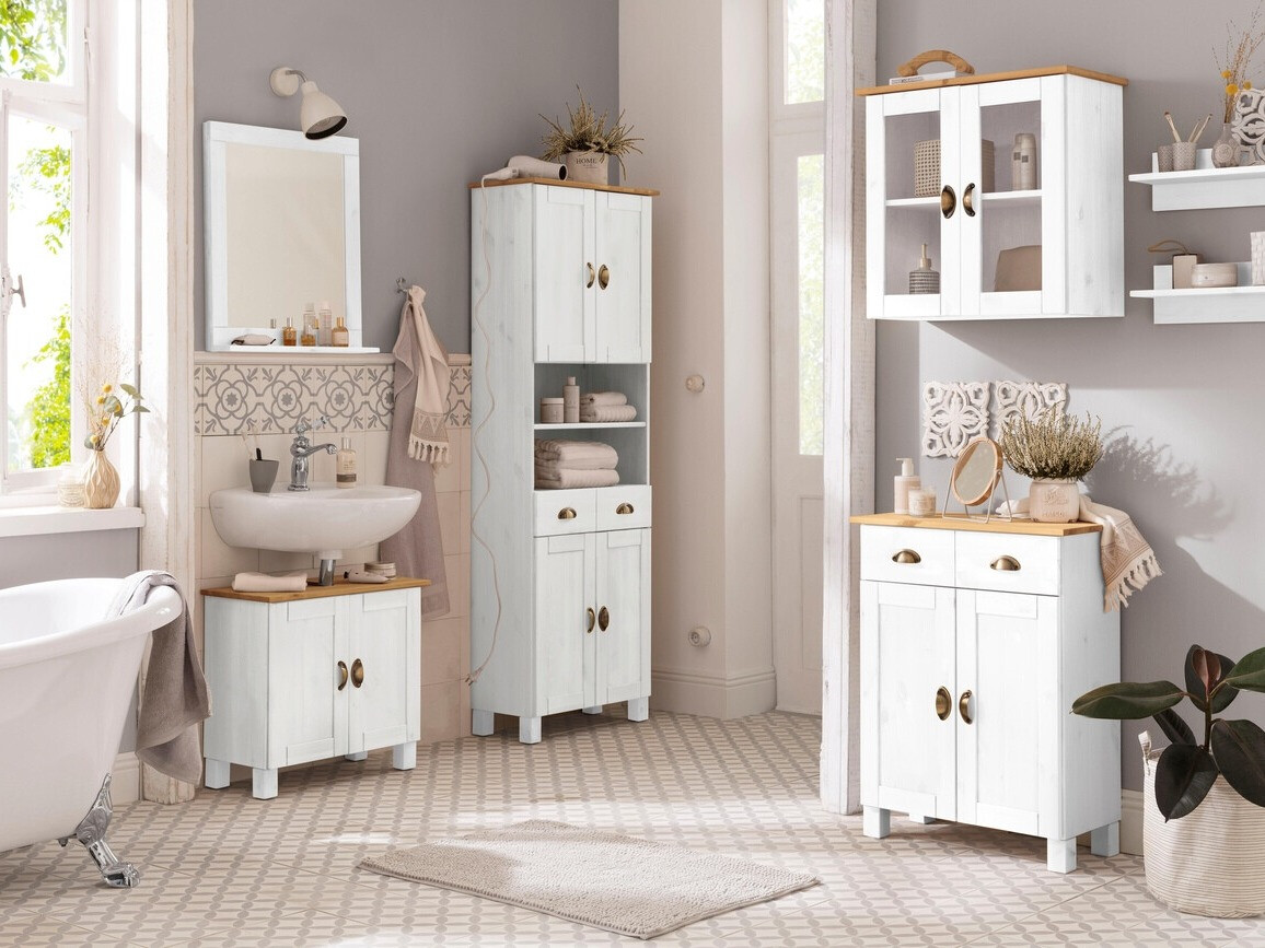 Стоящ шкаф за баня Serelbu 106 (Бял + Светлокафяво)