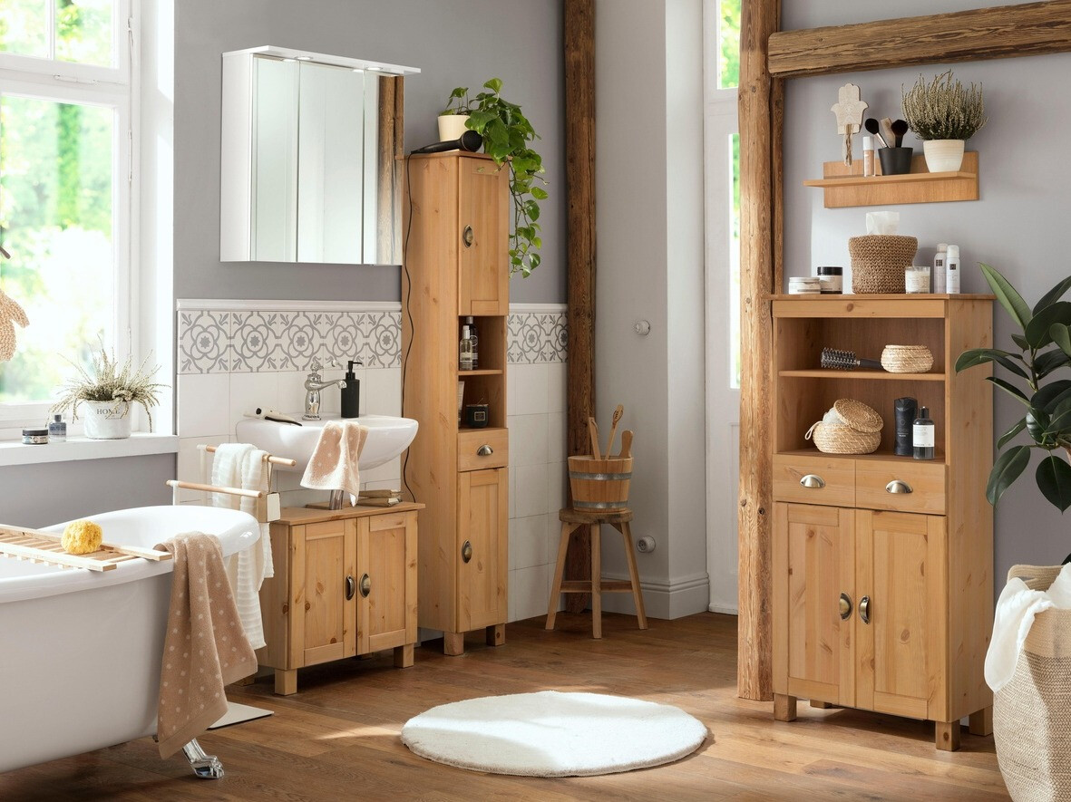 Стоящ шкаф за баня Serelbu 107 (Светлокафяво)