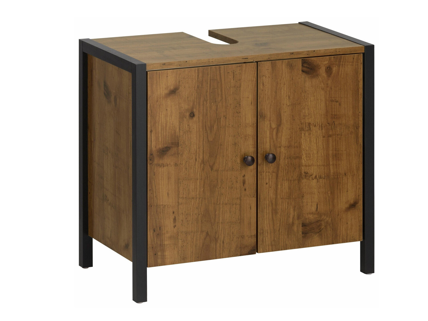 Стоящ шкаф за баня за мивка Larnovo 113 (Тъмен дъб + Черен)