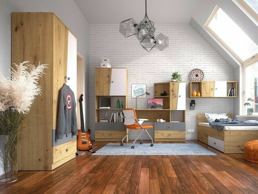 Гардероб Mirelbu 100 (Artisan дъб + Бял гланц + Сив гланц)