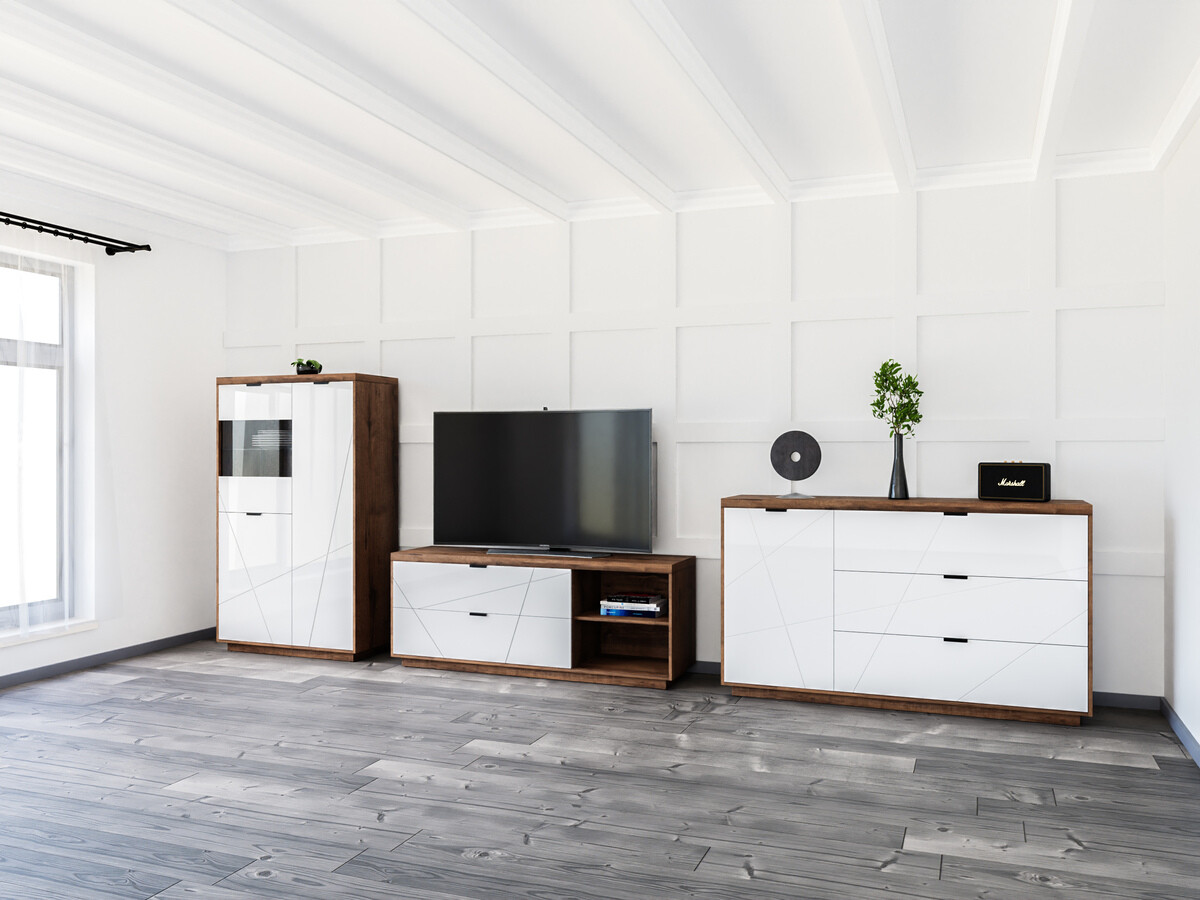 Комплект за хол Fivale 110 (Тъмен деланов дъб + Бял гланц)