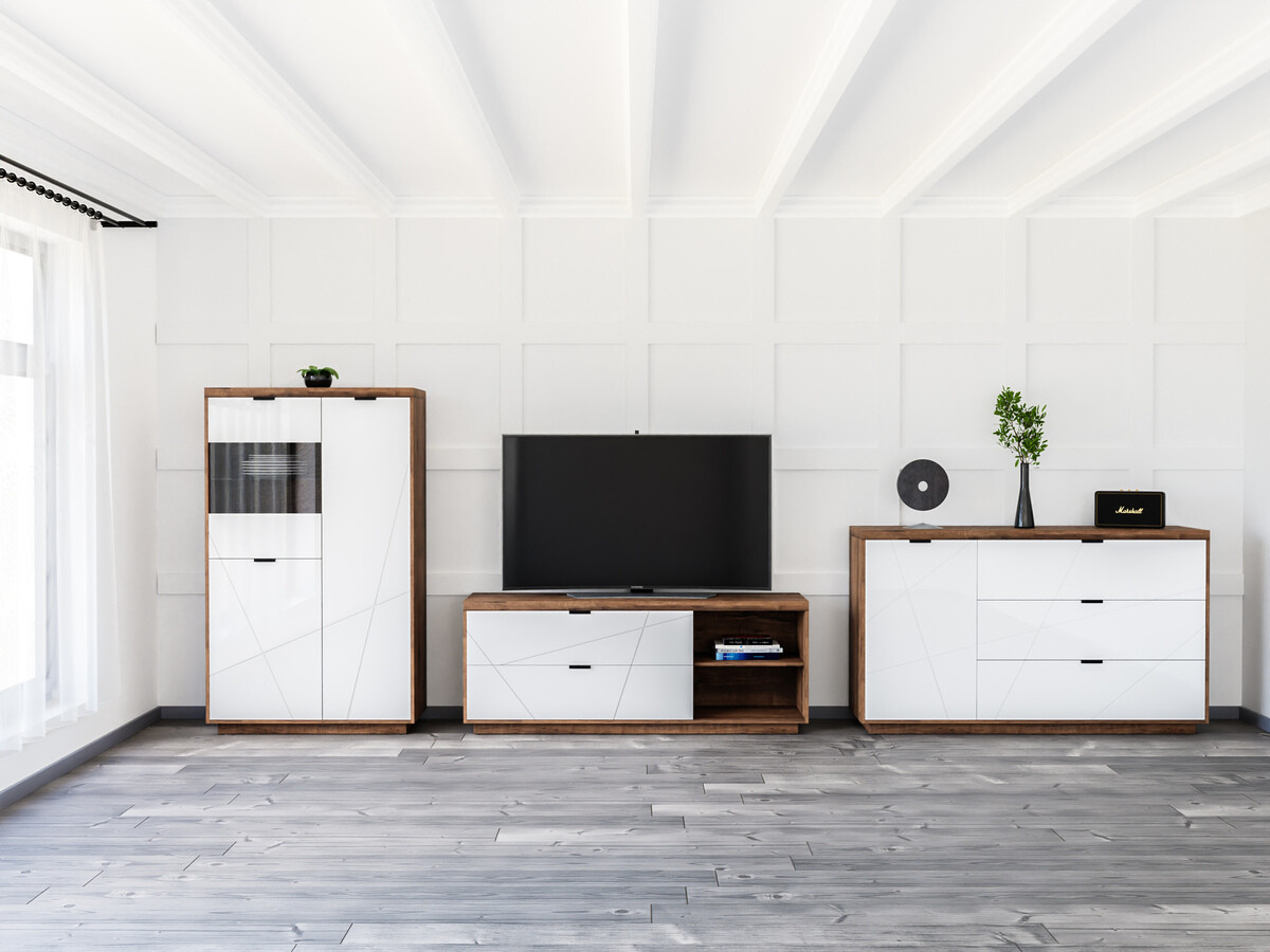 Комплект за хол Fivale 110 (Тъмен деланов дъб + Бял гланц)