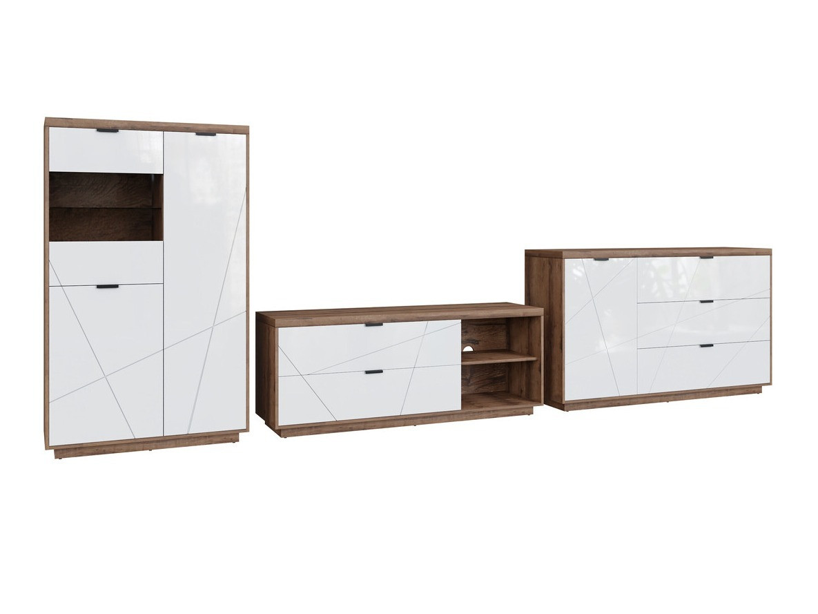 Комплект за хол Fivale 110 (Тъмен деланов дъб + Бял гланц)