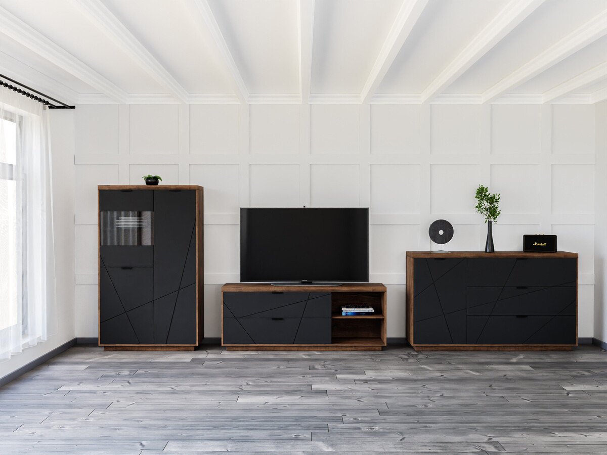 Комплект за хол Fivale 110 (Тъмен деланов дъб + Черен мат)