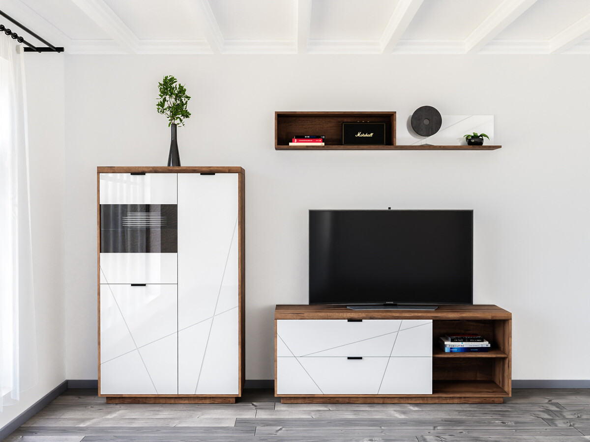 Комплект за хол Fivale 111 (Тъмен деланов дъб + Бял гланц)