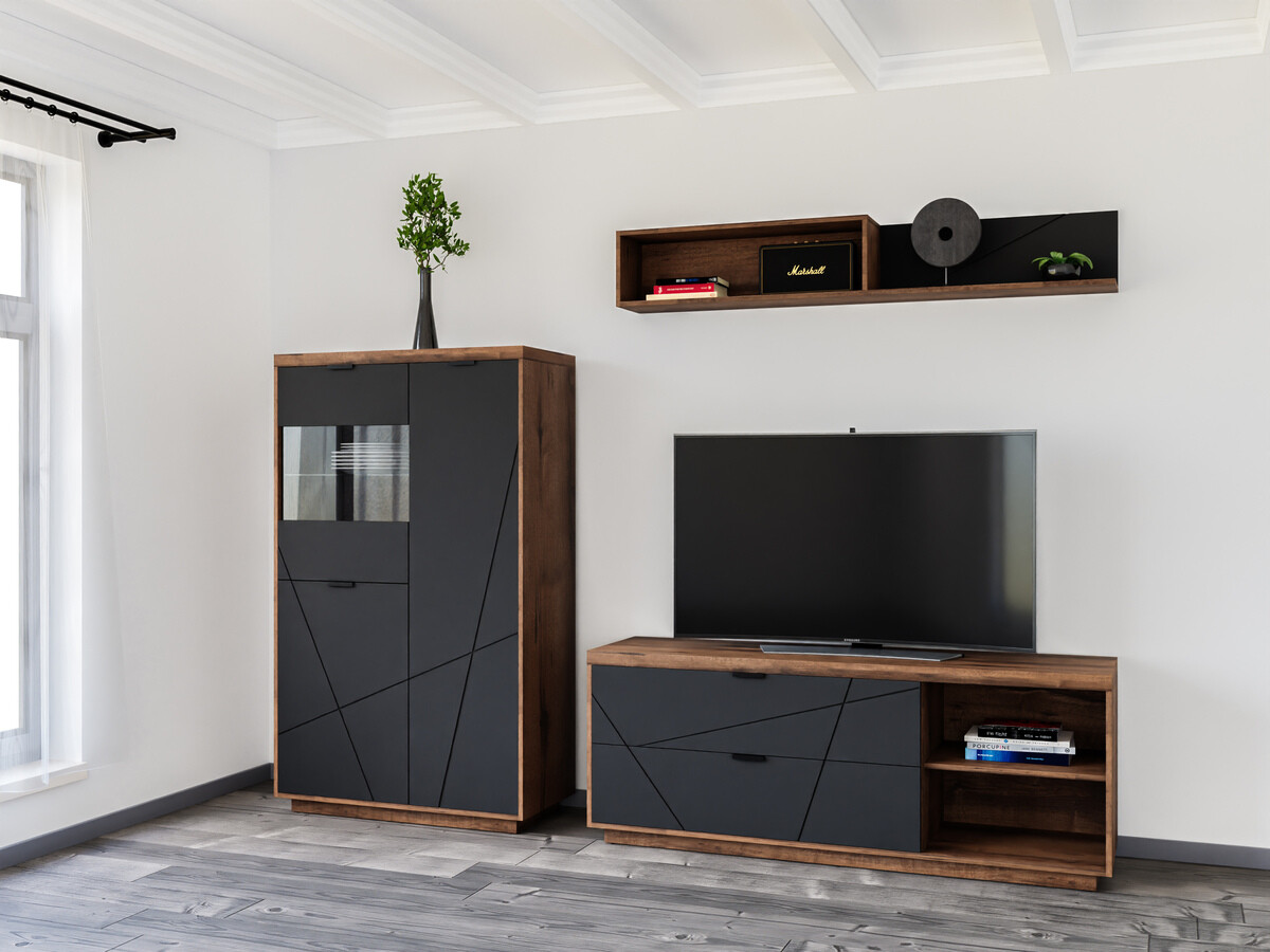 Комплект за хол Fivale 111 (Тъмен деланов дъб + Черен мат)