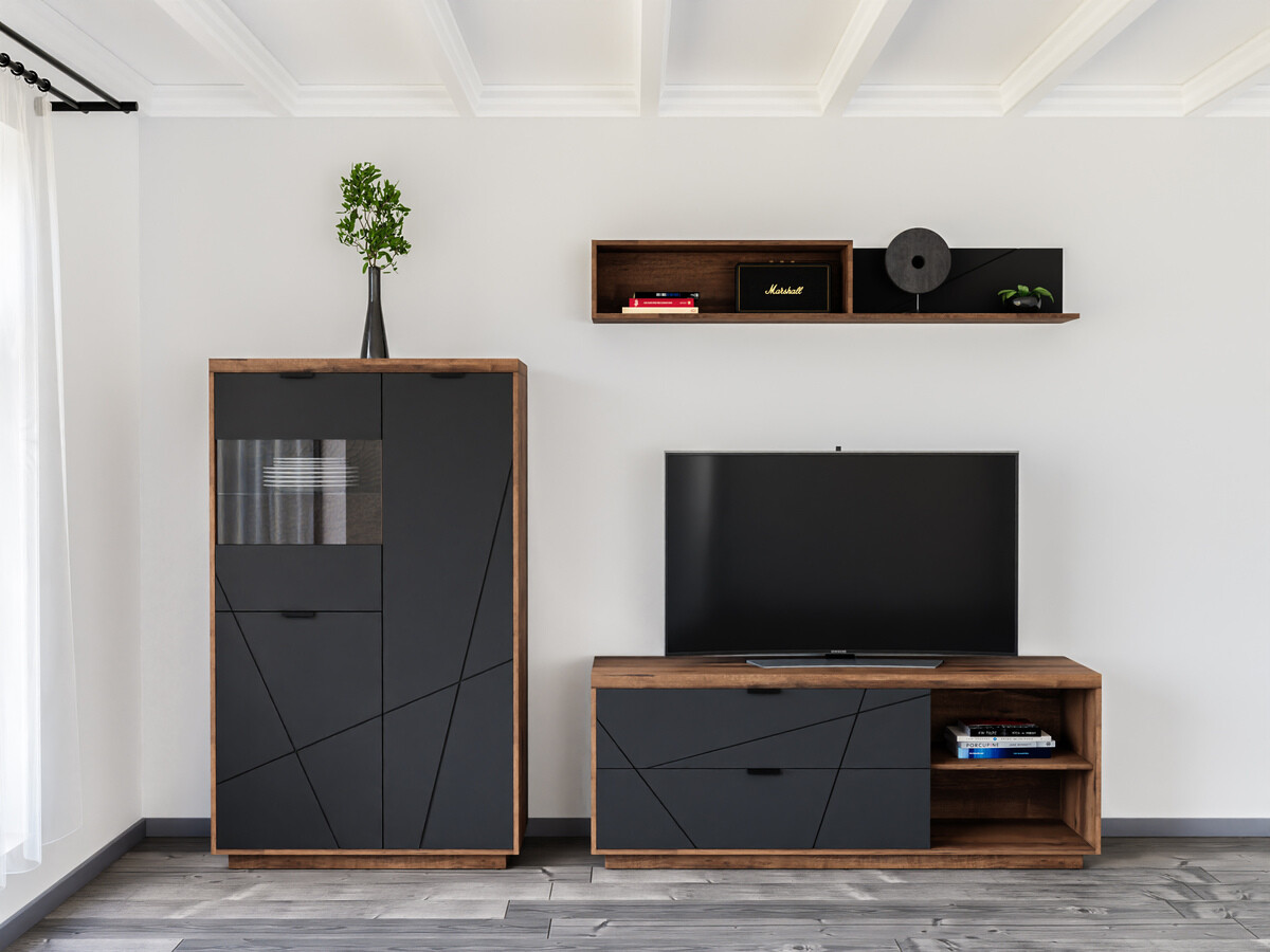 Комплект за хол Fivale 111 (Тъмен деланов дъб + Черен мат)