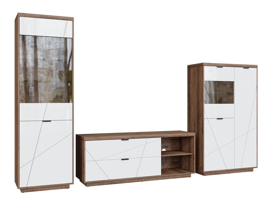 Комплект за хол Fivale 112 (Тъмен деланов дъб + Бял гланц)