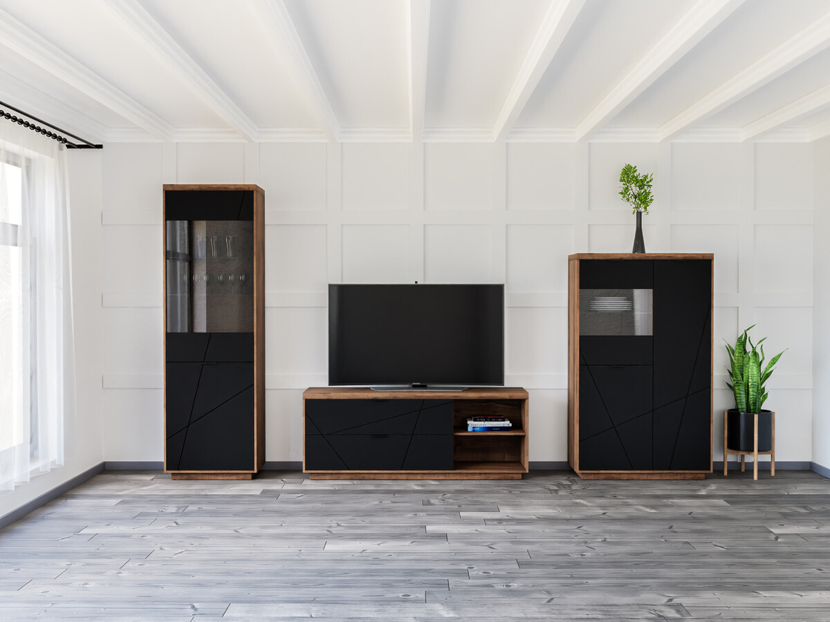 Комплект за хол Fivale 112 (Тъмен деланов дъб + Черен мат)