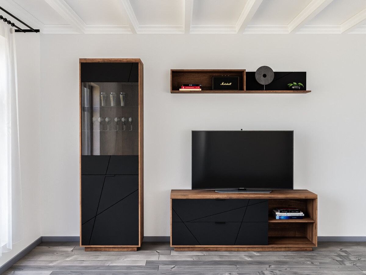 Комплект за хол Fivale 113 (Тъмен деланов дъб + Черен мат)