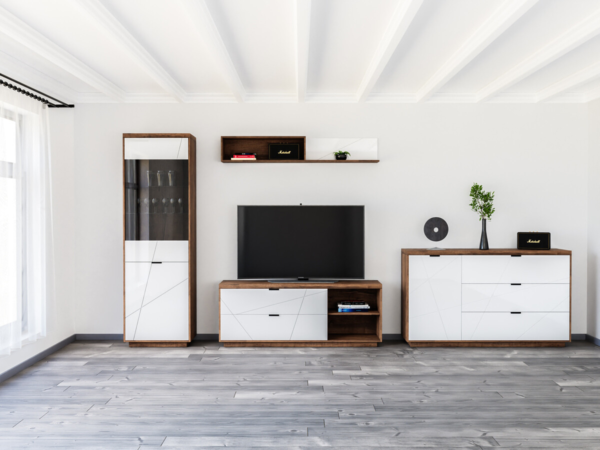 Комплект за хол Fivale 114 (Тъмен деланов дъб + Бял гланц)