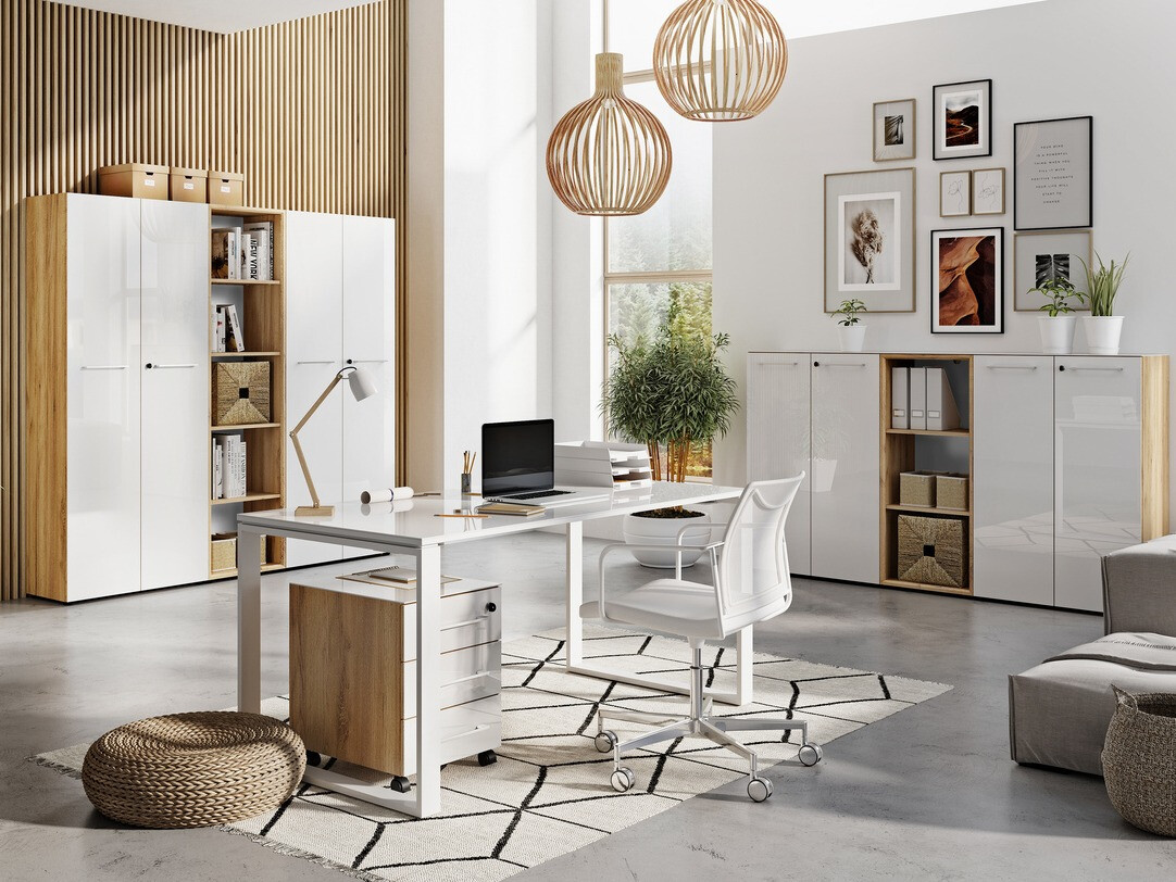 Етажерка Catcamu 104 (Бял гланц + Navarra дъб)